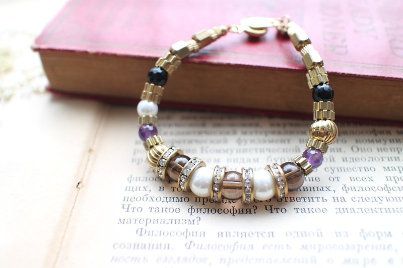 Agate/smokey crystal/ shell beads/ amethyst/zircon/ brass handmade bracelet - Bracelets - Other Metals 