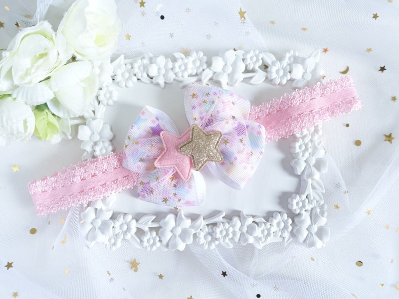 粉色蝴蝶結小星星 嬰兒寶寶頭帶 髮帶  Baby Headband - 嬰兒帽子/髮帶 - 其他材質 