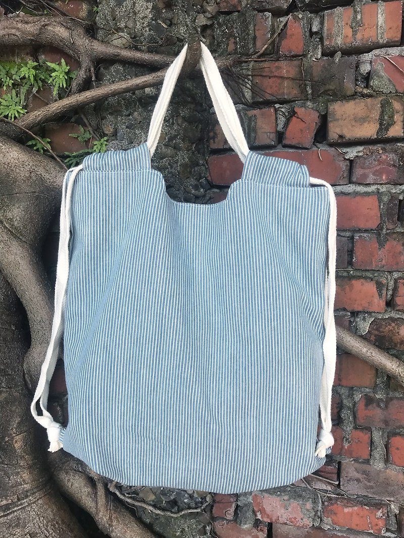 Unusual Drawstring Pocket Backpack Handbag Shoulder Bag Side Backpack Drawstring Backpack Striped Blue - กระเป๋าหูรูด - ผ้าฝ้าย/ผ้าลินิน สีน้ำเงิน