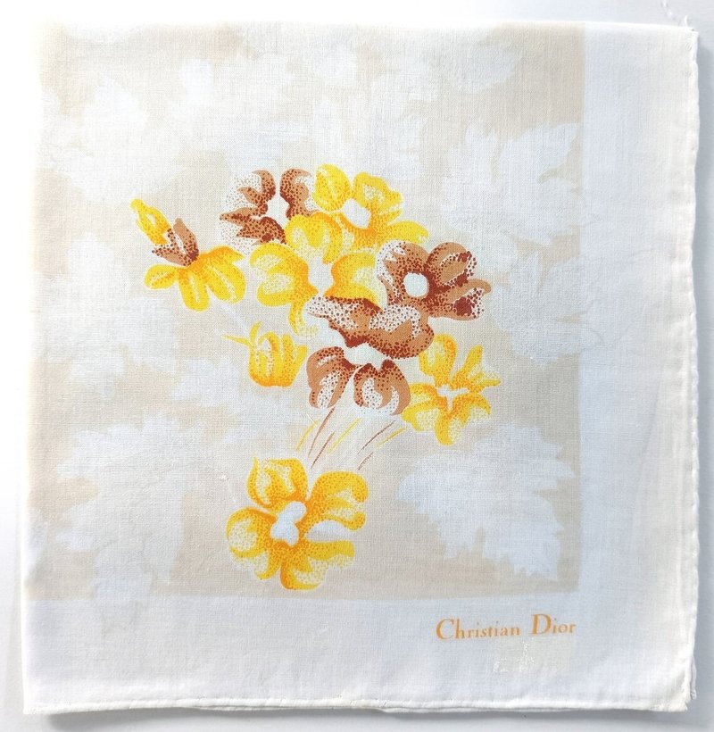 Christian Dior Vintage Handkerchief – Yellow Brown Floral 17 x 16.5 inches - 手帕 - 棉．麻 卡其色