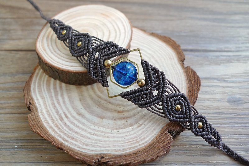 South American wax line braided brass blue crystal bracelet - Bracelets - Other Materials Black