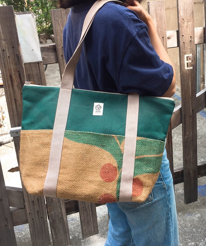 Burlap stitching color large tote - กระเป๋าแมสเซนเจอร์ - ผ้าฝ้าย/ผ้าลินิน สีเขียว