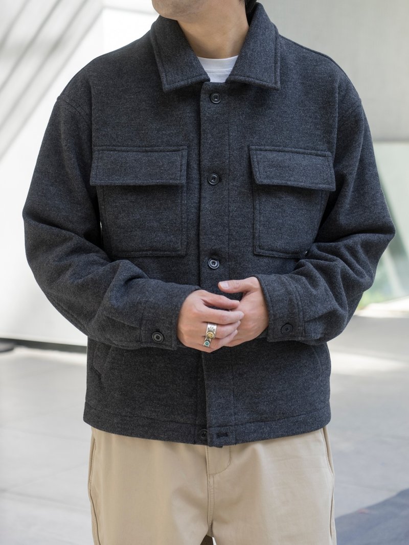 Jacket 日系潮流絨翻領保暖外套 冬季厚款多口袋設計工裝夾克 - 男夾克/外套 - 聚酯纖維 灰色