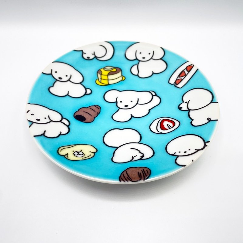Natsumi Teraoka　許多小狗圖案九谷燒小碟　水藍色 - 盤子/餐盤/盤架 - 瓷 藍色