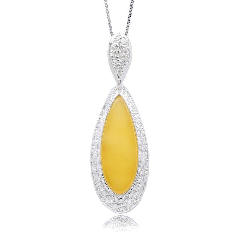 [Zhengjia Jewelry]蝋琥珀ホワイトゴールド蜂蜜たっぷりレトロ水滴形蝋ペンダント - ネックレス - 半貴石 多色