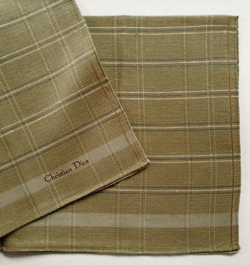 Vintage Christian Dior Handkerchief Woven Plaid Brown Classic 19 x 19 inches - 手帕 - 棉．麻 卡其色