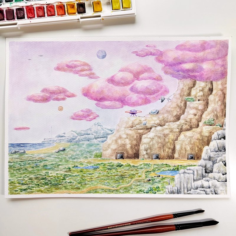 Original UFO Aliens Fantasy Landscape Watercolor Painting - Wall Décor - Paper Multicolor