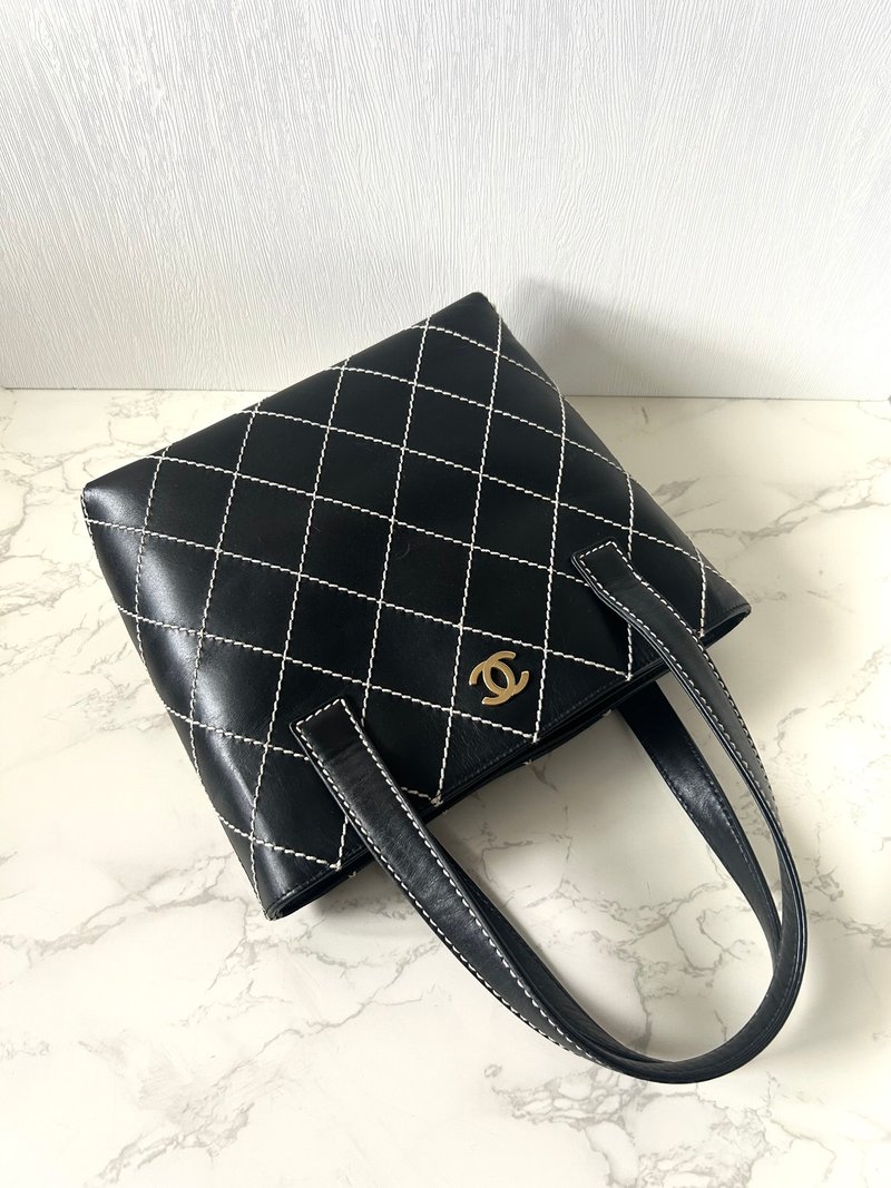 稀有中古二手Chanel Vivian黑色金標皮革小托特包單肩側背孭手袋 - 側背包/斜背包 - 真皮 