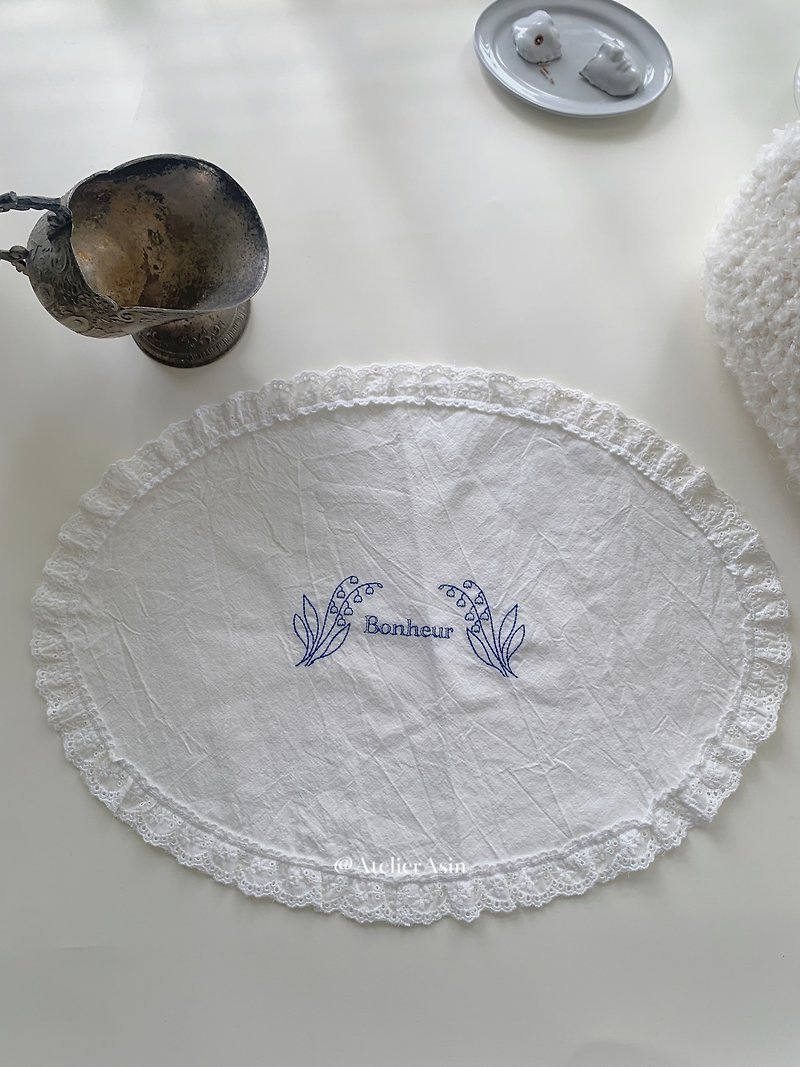 Atelier Asin Homemade Oval Bonheur Lily of the Valley Lace Embroidered Napkin - Place Mats & Dining Décor - Cotton & Hemp 