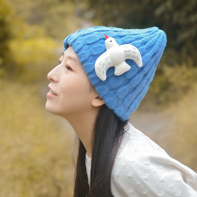 Forest style bird knitted beanie - Hats & Caps - Cotton & Hemp Blue
