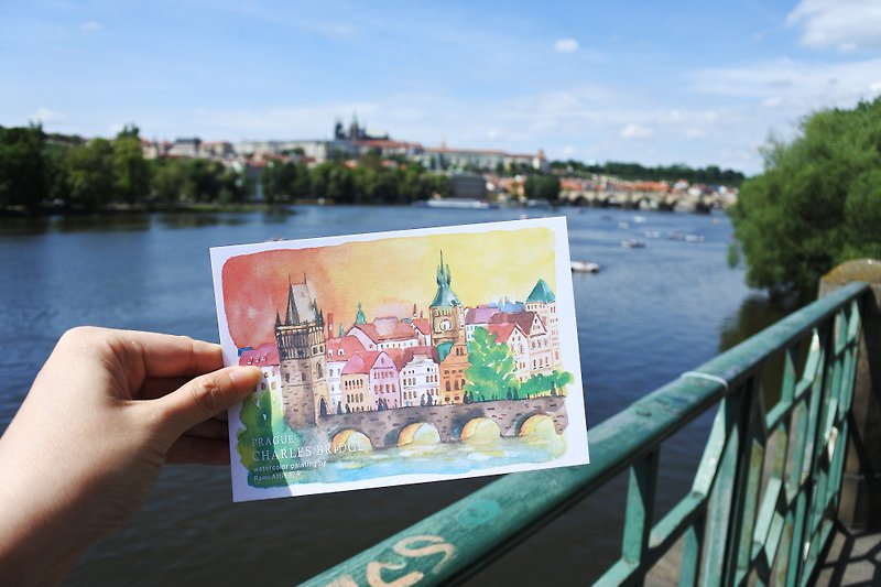 Rami Europe travel watercolor hand-painted postcard-Charles Bridge in Prague, Czech Republic - การ์ด/โปสการ์ด - กระดาษ สีเหลือง