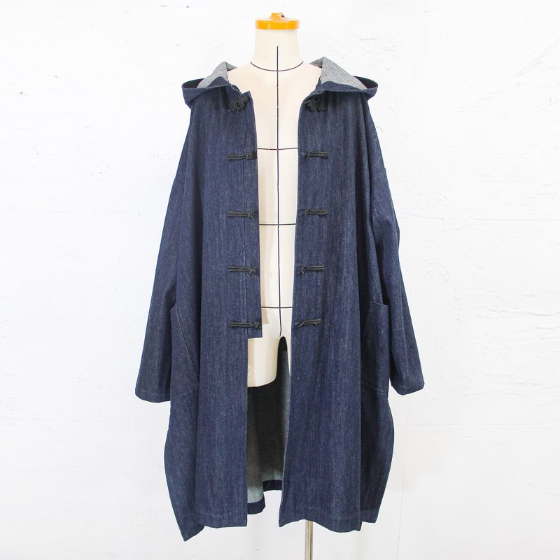 Aman No.31 長版牛仔盤扣連帽外套 藍色 男女皆可穿 - 男夾克/外套 - 其他材質 