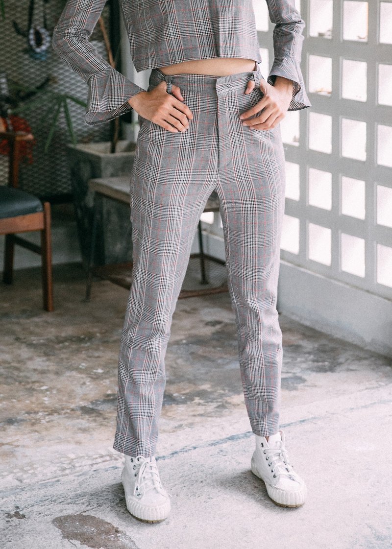 (SIZE L) WARM GREY CHECK PLAID HIGH WAIST PANTS WITH POCKETS - Women's Pants - Other Materials Gray