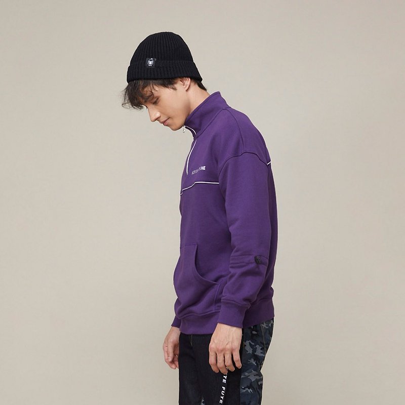 Unisex Half-Zip Stand-up Collar Sweatshirt / Dark purple - เสื้อยืดผู้ชาย - ผ้าฝ้าย/ผ้าลินิน สีม่วง