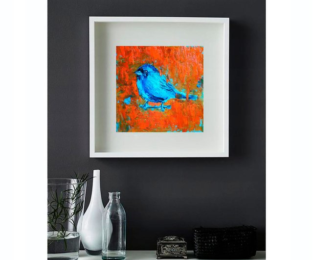 ブルー鳥油絵オリジナルアート鳥アートワークアニマルキャンバスアート