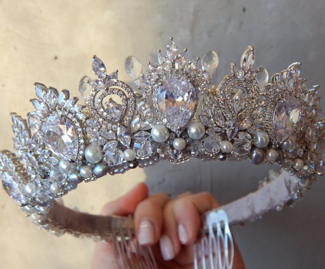 Silver Bridal Crown, Pearl Tiara, Crystal Headpiece, Wedding Hair