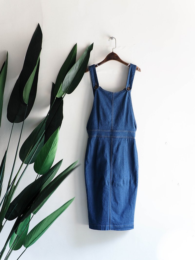 River Water Mountain - Hiroshima Youth Sea Blue Love Log Antiques One-piece Denim Sling and Knee Skirt overalls - One Piece Dresses - Cotton & Hemp Blue