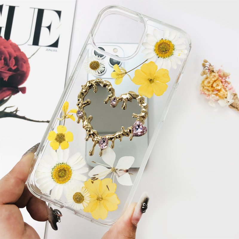 Natural Yellow White Flower Pressed Mirror Phone Case for iPhone 16 Samsung S25 - เคส/ซองมือถือ - พืช/ดอกไม้ 