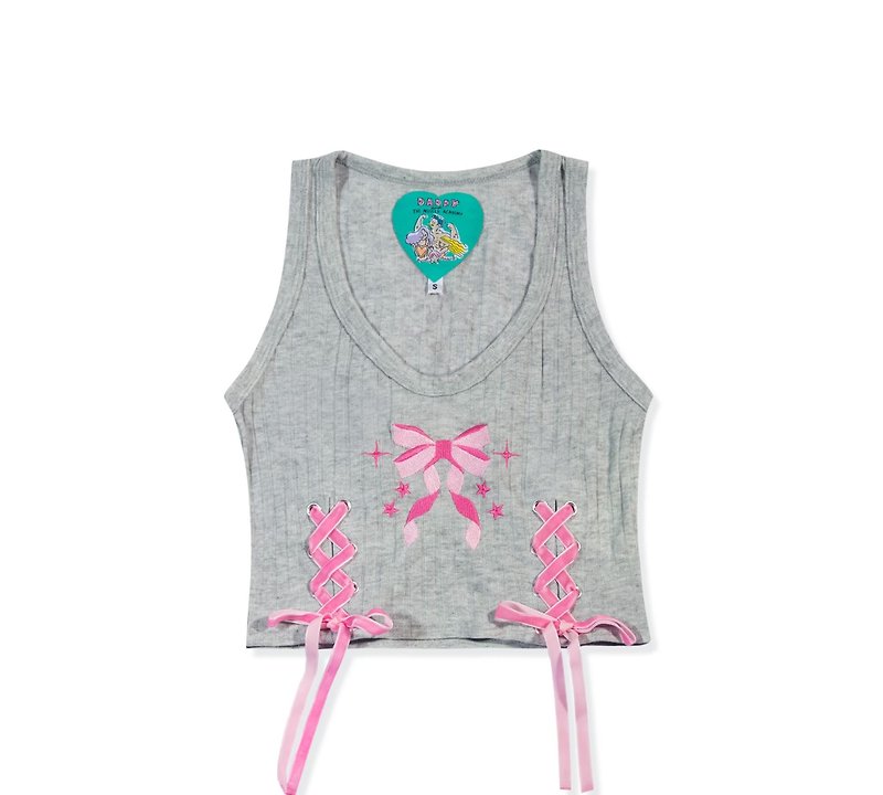 DADDY | Ribbon Tank Top, Crop Top, embroidered with a pink ribbon pattern. - 女上衣/長袖上衣 - 其他材質 