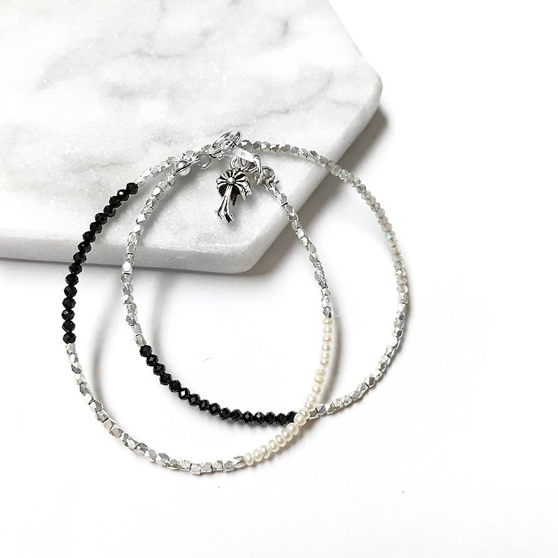 Personality double cross bracelet black gray - Bracelets - Gemstone Silver