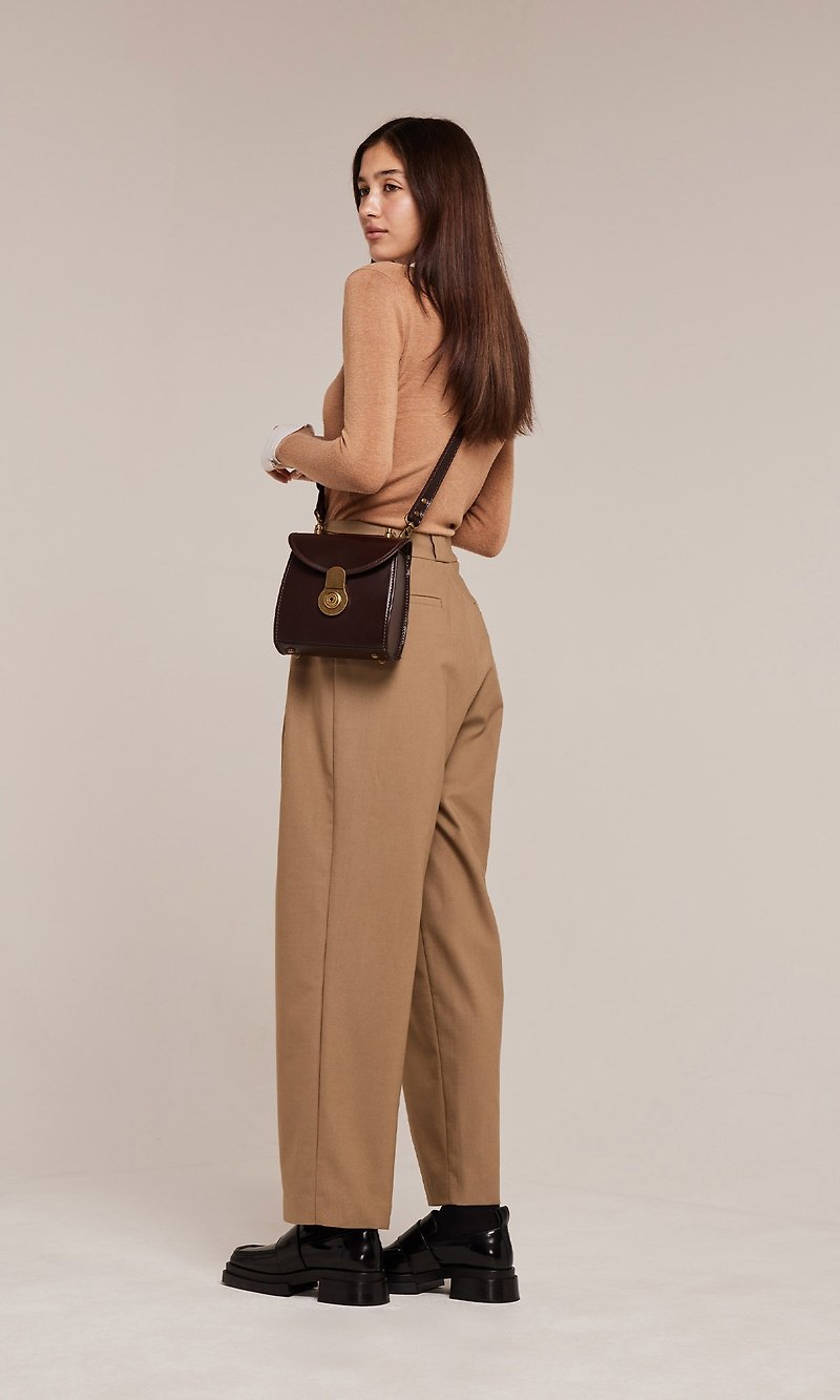 FRIDA Vintage Leather Lock Side Shoulder Bag - Messenger Bags & Sling Bags - Genuine Leather Brown