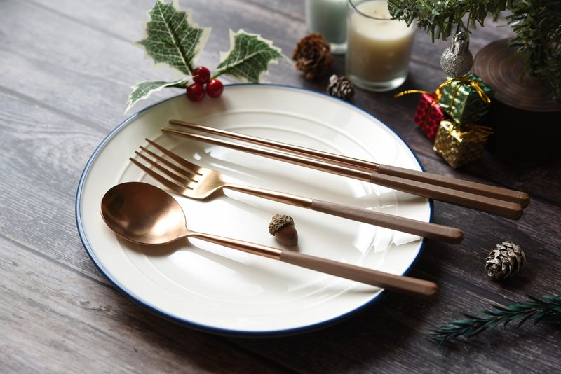 [Christmas Gift Box] Stainless steel cocoa Brown tableware | spoons, chopsticks, gifts - ช้อนส้อม - สแตนเลส สีนำ้ตาล