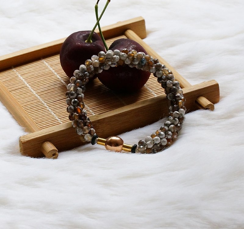 Kumihimo手織日本玻璃珠 + 切面瑪瑙手錬 SPS-04 ( Handmade Kumihimo Faceted Agate Bracelet ) - 手鍊/手鐲 - 寶石 卡其色