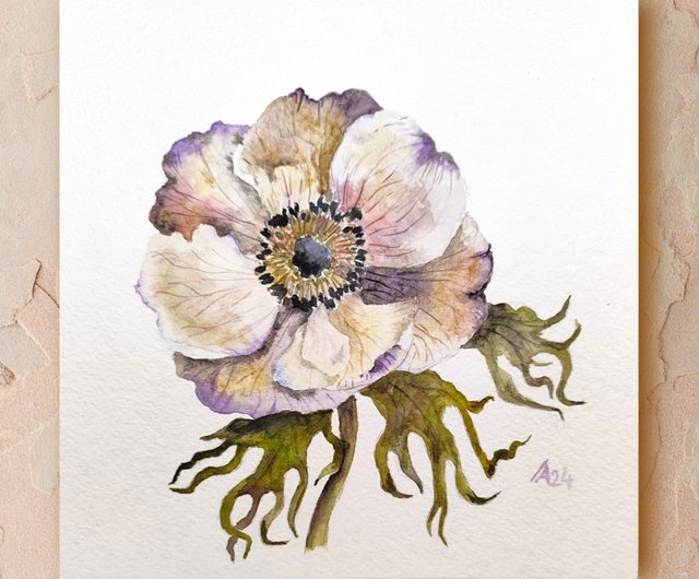 アネモネ絵画オリジナル水彩画アート植物花アートワーク花