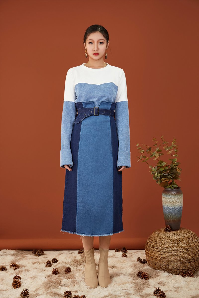 Denim knit patched high waist skirt with frigne - Skirts - Cotton & Hemp Blue