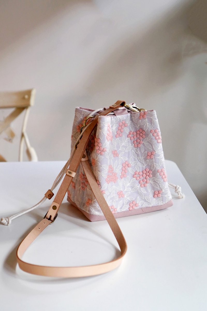 Embroidered Berry Mini Bucket Bag - Handmade in Taiwan with Imported Japanese Fabric - Drawstring Bags - Cotton & Hemp Pink