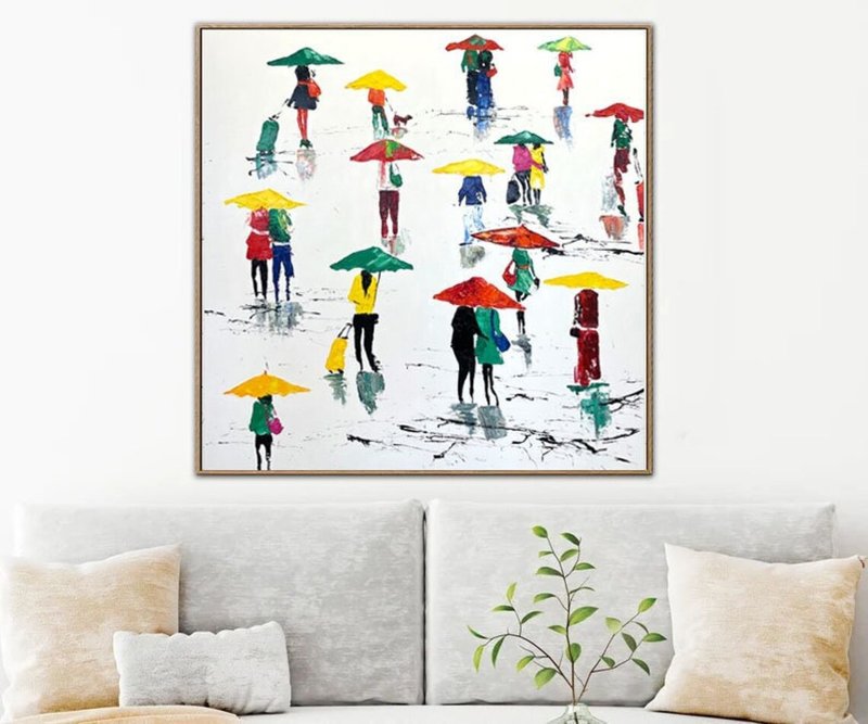 Original People with Umbrellas Paintings On Canvas Abstract Colorful Oil Art - 壁貼/牆壁裝飾 - 壓克力 白色