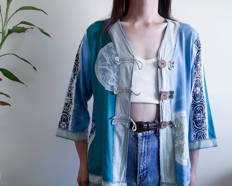 Vintage Layon Handmade Print Blouse Jacket Wooden Button Tunic V Neck Top Size M - Women's Shirts - Polyester Blue