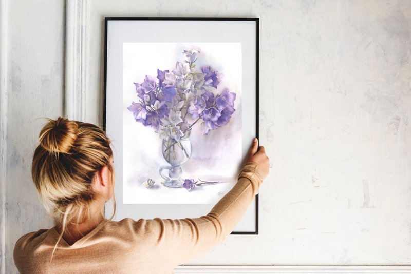 Bellflower hand painted watercolor, handmade paintings, home wall art decor - ตกแต่งผนัง - กระดาษ หลากหลายสี