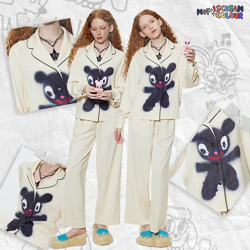 iscreamcolour MOF artist original black bear pajama set long-sleeved version split home set - Loungewear & Sleepwear - Polyester 