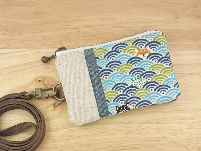 [ticket holder/document holder/Fmini] wave and Shiba Inu - ID & Badge Holders - Cotton & Hemp Blue