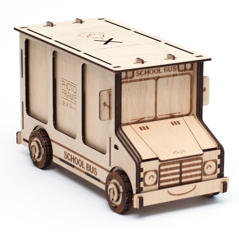 Exchange gifts dOLOb-DIY wooden-school bus-Instax mini Polaroid photo frame + piggy bank - งานไม้/ไม้ไผ่/ตัดกระดาษ - ไม้ สีกากี