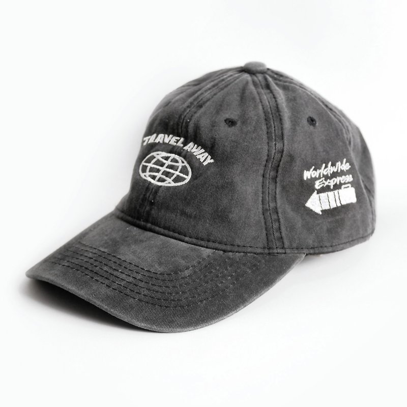 Washed Retro Hat Travel Away Denim Black Worldwide Express Hat - หมวก - ผ้าฝ้าย/ผ้าลินิน สีดำ