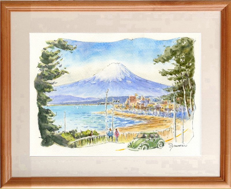 水彩画原画　富士山と鎌倉稲村ヶ崎 - ポスター・絵 - 紙 ブルー