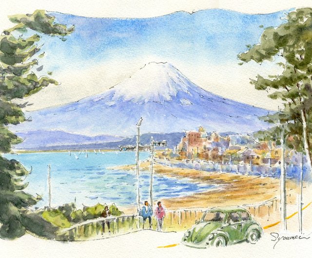 水彩画原画富士山と鎌倉稲村ヶ崎- 設計館syoumei 海報/掛畫/掛布- Pinkoi