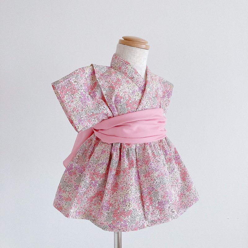 Soft Jinbei (with obi) Ripple small flower pattern Purple pink - Kids' Dresses - Cotton & Hemp Pink