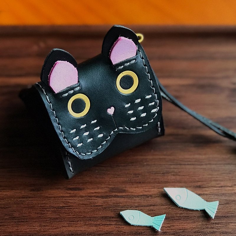 Imperial rice ball small black cat animal three-dimensional purse - Coin Purses - Genuine Leather Black