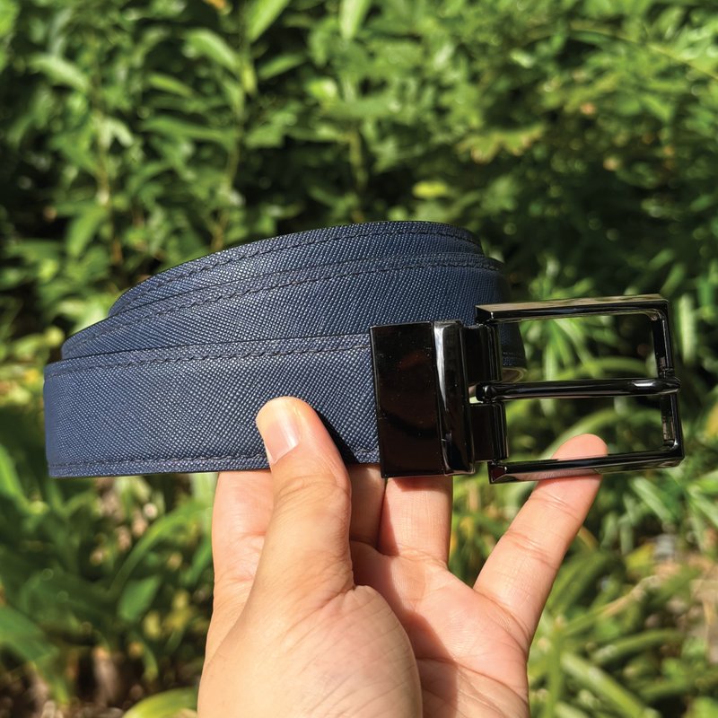 【雙面皮帶】藍色十字紋牛皮/皮帶扣可旋轉/休閒/商務 - 皮帶/腰帶 - 真皮 藍色