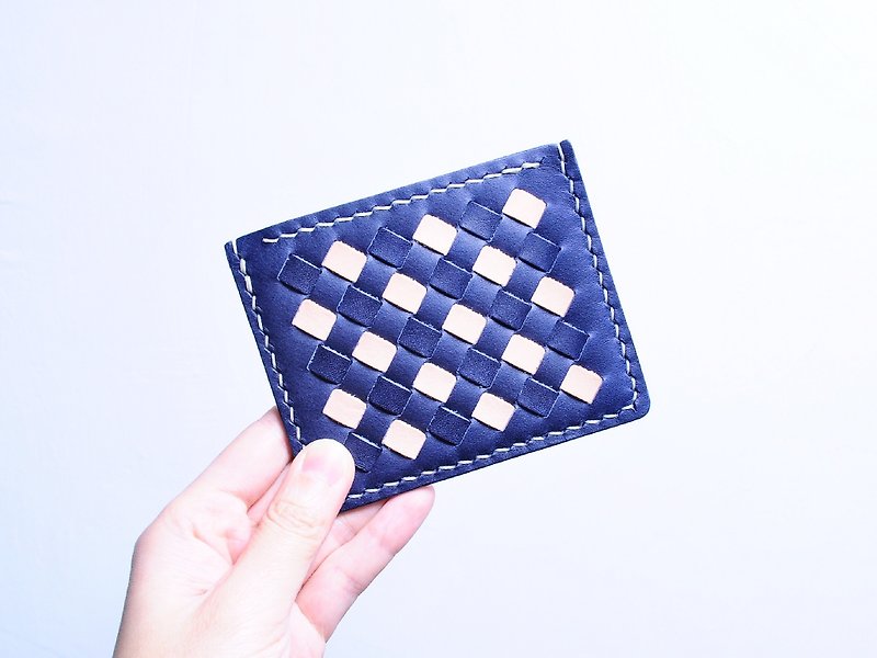 Woven leather card case-cyan x original color leather material package free engraved name card holder Italian vegetable tanning - เครื่องหนัง - หนังแท้ สีน้ำเงิน