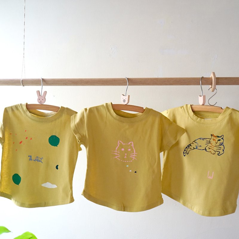 BABY&KIDS Tintin boy, Mi Mi, wave mustard bright yellow summer hand-printed short-sleeved pure - เสื้อยืด - ผ้าฝ้าย/ผ้าลินิน สีเหลือง