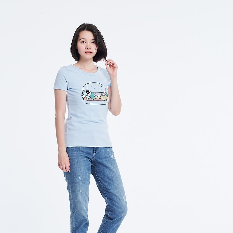 Dog and hamburger junk food peach cotton T-shirt Women - Women's T-Shirts - Cotton & Hemp Blue