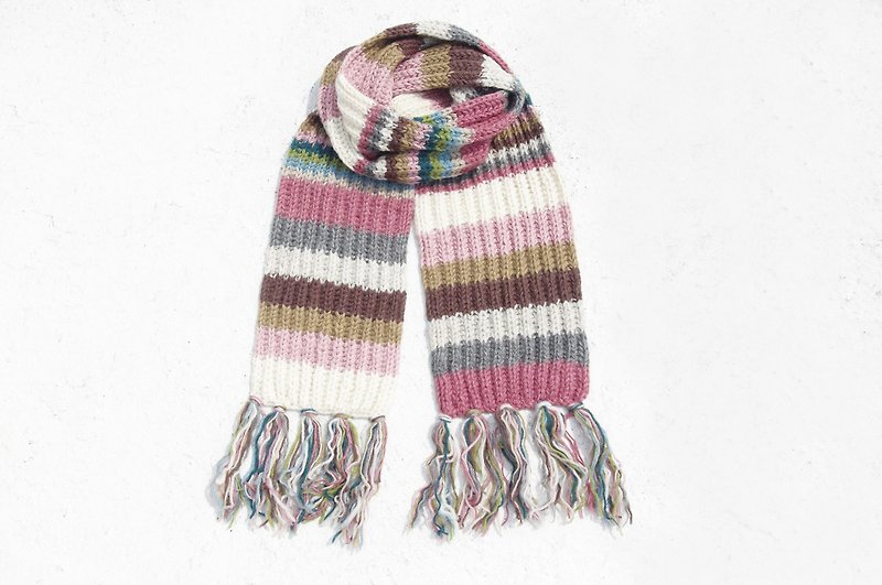 Christmas gift limited to a hand-woven pure wool scarf / knitted scarf / hand-woven striped scarf / hand knitted scarf (made in nepal) - strawberry milkshake fringes - ผ้าพันคอ - ขนแกะ สึชมพู