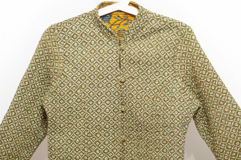 木刻印純棉外套 印度棉有機棉 手工蓋印拼接鋪棉外套-苔蘚綠花朵 - 女大衣/外套 - 棉．麻 多色