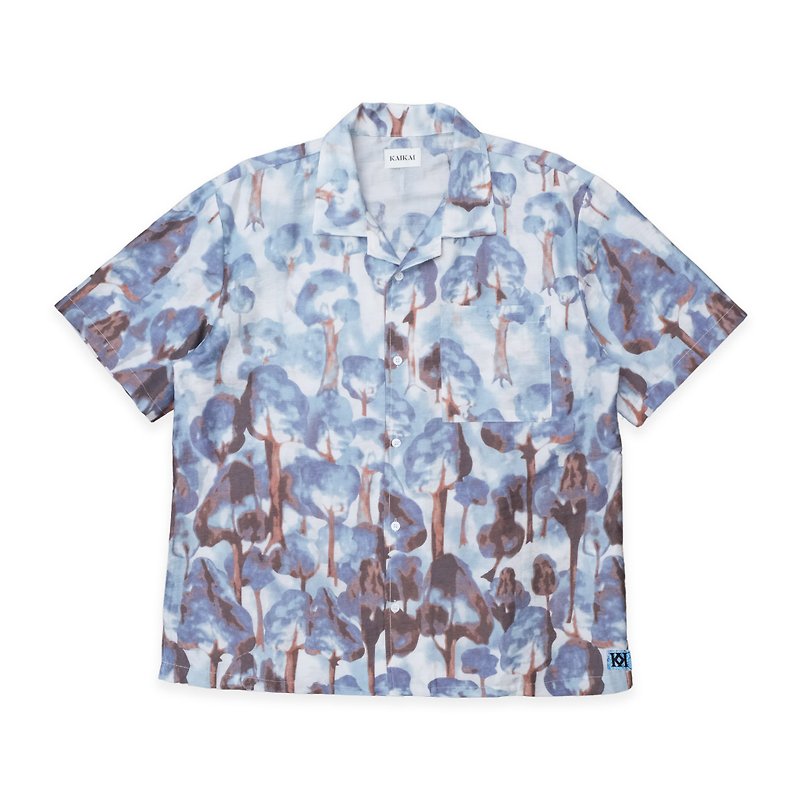 KAIKAI - Fearless - Smoky Forest Short Sleeve Cuban Shirt - Blue - เสื้อเชิ้ตผู้ชาย - ไฟเบอร์อื่นๆ สีน้ำเงิน