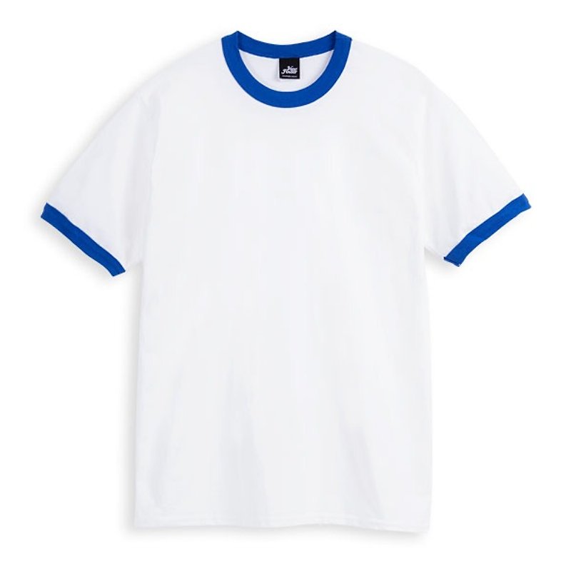 パイピング半袖Tシャツ-ホワイトとブルー - Tシャツ メンズ - コットン・麻 
