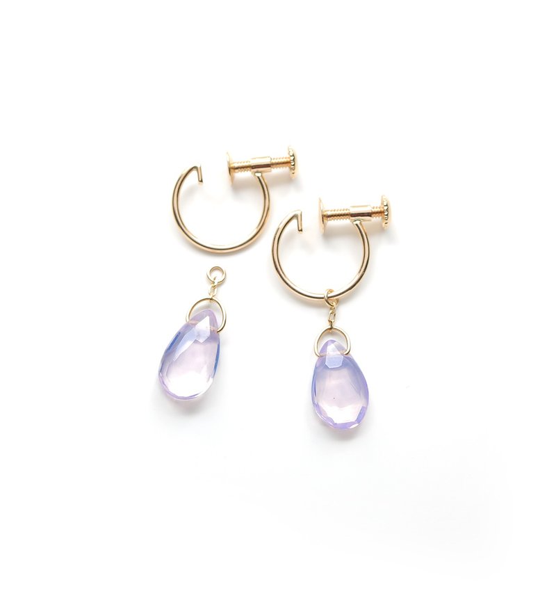 一粒スコロライト/ラベンダークォーツ(平ドロップ) K10イヤリング~ESPOIR~ - 耳環/耳夾/耳骨夾 - 寶石 紫色